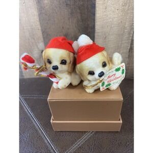 Vintage Josef Originals Flocked Christmas Puppies Japan Santa Hats Candy Cane